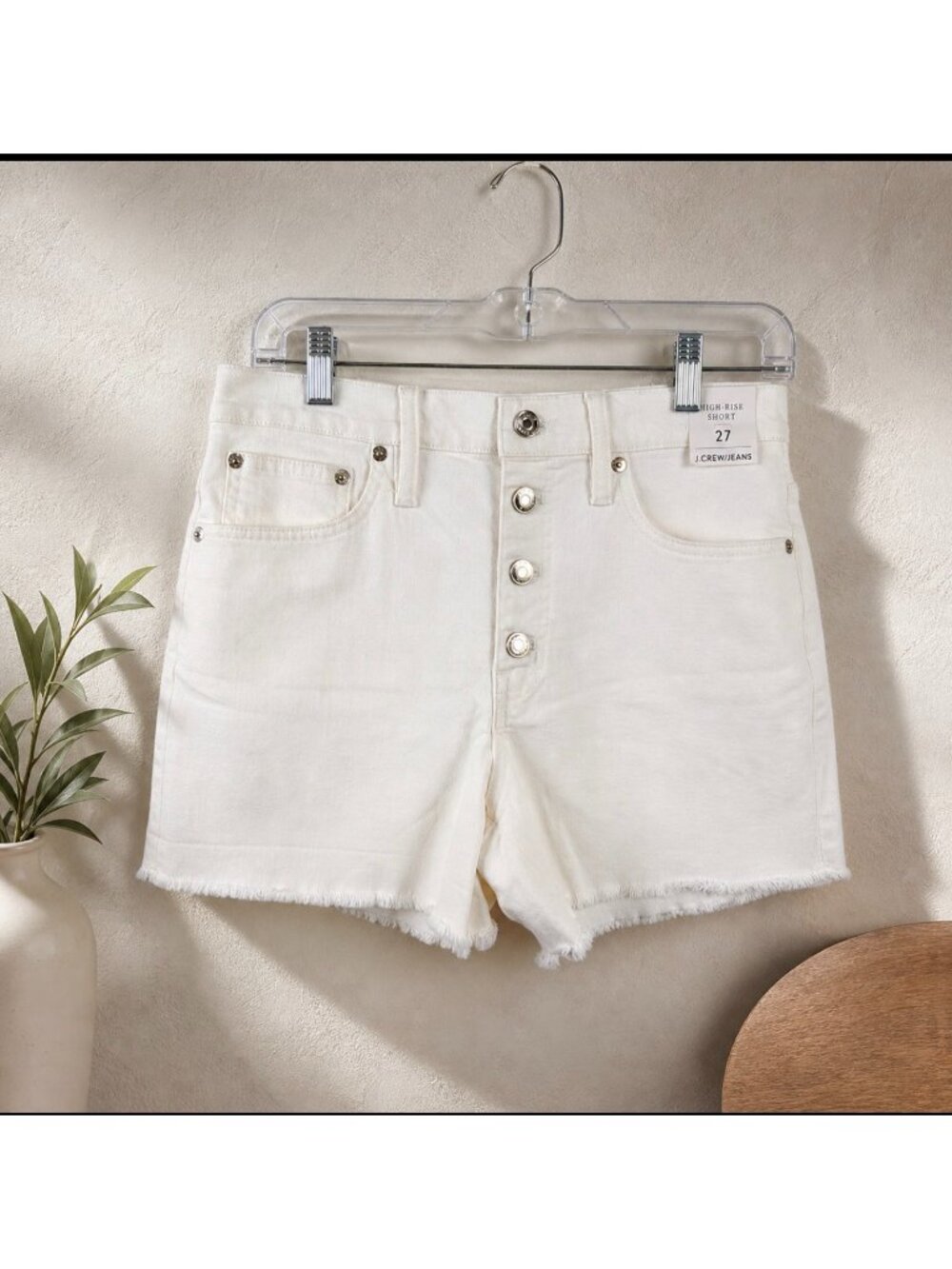 NWT J.Crew Jeans Ivory High Rise Frayed Hem Shorts Button Fly Size 27 - Picture 2 of 16